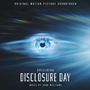 "Spielberg Disclosure Day", Filmmusik von John Williams. Eine Illustration mit einem blauen, strahlenden Auge im Zentrum., CD