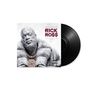 "SET IN STONE RICK RO$$". Steingesichtiger Mann in Pelz und Ketten, Schallplatte rechts daneben., 2 LPs