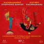 "Rachmaninoff Symphonic Dances", "Pletnev Rachmaniana". Abstrakte Kunst mit geometrischen Formen auf rotem Hintergrund., Super Audio CD