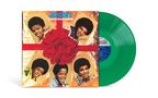 "JACKSON 5 CHRISTMAS ALBUM" in blauer und weißer Schrift. Vier junge afroamerikanische Jungen mit roter Schleife. Grüne Vinyl-Schallplatte., LP
