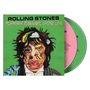 "ROLLING STONES - FOREIGN TONGUES, LOOSE LIPS." Illustration mit verzerrtem Gesicht und zwei CDs, grün und rosa., 2 CDs