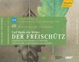 Texte: "Fernsehübertragung zur Wiedereröffnung der Semperoper 1985", "Carl Maria von Weber DER FREISCHÜTZ". Hintergrund: Blätter., 1 Blu-ray Disc und 1 CD