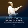 "BEETHOVEN KURT MASUR GEWANDHAUSORCHESTER LEIPZIG" in Weiß. Im Hintergrund dirigiert ein Mann. Berlin Classics Logo., 3 CDs
