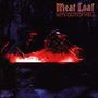 "Meat Loaf HITS OUT OF HELL." Dunkle Szene mit Motorrad vor rot beleuchtetem Hintergrund. Retro-Design.