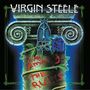 "Virgin Steele" oben, "Life Among the Ruins" in Rot auf Säule. Illustration mit Rose und einem Metallhelm., 2 LPs