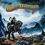 „MOLLY HATCHET“ steht in bunten Buchstaben oben, „Lost Horizon“ unten. Ein Krieger auf einem Pferd in einer Landschaft mit Totenköpfen., 2 LPs