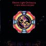 Text: "Electric Light Orchestra", "A New World Record". Illustration mit leuchtendem, buntem Emblem, darunter dunkle Skyline.