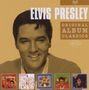 ELVIS PRESLEY Original Album Classics 5xCD. Ein lächelnder Mann und kleine Bilder von verschiedenen Albumcovern.