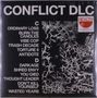 Großer Text: "CONFLICT DLC". Titel darunter: "C" mit sechs und "D" mit sechs weiteren Songtiteln. Rechts oben Logo „HEALTH“. abstraktes Muster.