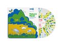 „Nature’s World” von Studio G. Landschaftsillustration mit Tieren und Pflanzen. Platte in blau-grün-gelbem Spritzmuster., LP