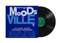 Cover der Vinyl: "Prestige Moodsville 7", "At Ease with Coleman Hawkins". Schwarze Schallplatte rechts sichtbar., LP