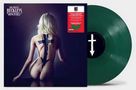 Text: "The Pretty Reckless - Going to Hell". Grüne Schallplatte mit einem Pfeilkreuz. Frau mit einem Kreuz aus schwarzem Klebeband auf dem Rücken., LP