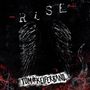Text: "RISE+" und "TOM#KEIFERBAND". Dunkler Hintergrund, skizzenhafte Engelsflügel und rote Akzente., LP