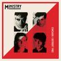 Text: "MINISTRY", "CHICAGO / DETROIT 1982". Vier Porträts von Männern, zwei in Schwarz-Weiß, zwei in Rot getönt., LP