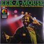 Text oben: "EEK-A-MOUSE, MOUSE-TERPIECES!: The Best of Eek-A-Mouse". Sänger mit Mikrofon vor bunten Lichtern., LP