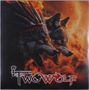 "Two Wolf"-Logo. Zwei heulende Wolfsköpfe vor feuriger, orange-roter Kulisse. Ein Wolf trägt einen Federschmuck.