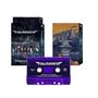 "Cover Ya Tracks" von "Hawkestrel" auf einer Kassette und zwei Albumcovern mit futuristischen und Berglandschaften., MC