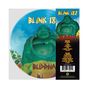 "BLINK 182", "BUDDHA". Ein Buddha mit Lächeln auf blauem Hintergrund, Tracklist neben ihm. Vinyl-Design.