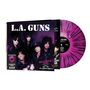"L.A. GUNS" und "HOLLYWOOD RAW" auf einem Albumcover. Fünf Personen, darunter ein Vinyl in Pink-Schwarz., LP