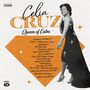 "Celia Cruz, Queen of Cuba" in stilvoller Schrift. Liste von Liedern. Frau in elegantem Kleid lächelnd. Retro-Stil., LP