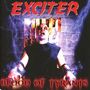 "EXCITER" oben, "BLOOD OF TYRANTS" unten. Eine Person in Ketten, umgeben von Blitzen, schreit., CD