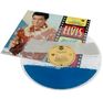 Text: "Elvis", "Blue Hawaii". 
Coverbild: Mann in Hawaiihemd mit Ukulele. 
Schallplatte unten: Blau-weiß gemustert., LP