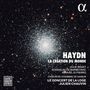Text: "HAYDN, LA CRÉATION DU MONDE, Julie Roset, Stanislas de Barbeyrac, Nahuel di Pierro, Chœur de Chambre de Namur, Le Concert de la Loge, Julien Chauvin." Heller Sternenhaufen auf schwarzem Hintergrund. Oben rechts ein Logo. Links unten kleines Logo., 2 CDs
