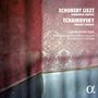 Texte: "SCHUBERT LISZT WANDERER FANTASY. TCHAIKOVSKY CONCERT FANTASY. LUKAS GENIUŠAS SINFONIEORCHESTER ST.GALLEN MODESTAS PITRĖNAS." Florales Tapetendesign in Rot und Grau, unten metallisch.