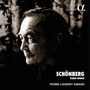 Text: "SCHÖNBERG PIANO WORKS PIERRE-LAURENT AIMARD". 
Ein nachdenklich schauender Mann im Profil vor verschwommenem Hintergrund., CD