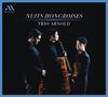 NUITS HONGROISES, TRIO ARNOLD. Drei Männer in schwarzer Kleidung mit Musikinstrumenten, dunkler Hintergrund. Logo oben links.