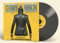 "Story of Wick" und "The John Wick Movies" vor gelbem Hintergrund mit Figur von hinten, Vinyl-Schallplatte rechts.