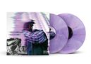 „Parental Advisory Explicit Content“. Verzerrte, farbenfrohe Darstellung auf Plattencover, zwei lila Vinyl-Schallplatten., 2 LPs