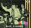 Texte: "RAY CAMPI ROCKS". Schwarz-weißes Konzertfoto, zwei Männer spielen Gitarre, einer hebt die Hand, Gelb-Schwarz-Streifen., CD