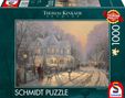 "Thomas Kinkade Studios", "Schmidt Puzzle", "1000", "Premium Quality". Winterliche Malerei: Menschen und Hunde vor einem Haus.