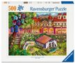 "500 Ravensburger Puzzle" oben. Illustration: Bunte Fachwerkhäuser, Vogelhäuser, üppiger Garten mit Sitzbereich und kleinem Haus., Spiele