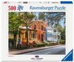"500 Ravensburger Puzzle, USA Jigsaw Nationals. Bild: Bunte, historische Häuser und Straße mit Bäumen im Vordergrund.", Spiele