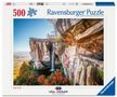 Ravensburger Puzzle, 500 Teile. Bild zeigt eine beeindruckende Felslandschaft mit Wasserfall und bunter Herbstvegetation., Spiele