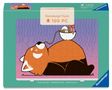 Text: "Ravensburger Puzzle 100 PC". Illustration: Ein roter Panda mit einer Schüssel auf dem Bauch, stirbt zufrieden., Spiele