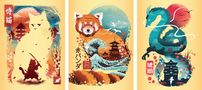 Minipuzzle-Trio 100 Teile - Ukiyo-e Katzenkrieger, Roter Panda & Drache, Spiele, Spiele
