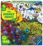 Text: "THE GNOMES' HOMES", "Magic Puzzle Company", "1000", "TINY WORLDS". Illustration mit bunten Blumen und Gnomen im Wald., Spiele