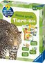 "Meine große Tiere-Box" für 4-7 Jahre. Zeichnung eines Leoparden, mit einem Logo und Bildern von Kinderbüchern.