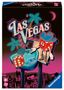Text: "Las Vegas". Zeichnung eines würfelförmigen Charakters mit Cowboyhut, Palme und Würfeln auf einem Tisch vor einer Stadt., Spiele