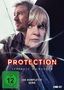 „Protection – Vertraue niemandem“, FSK 12, „Die komplette Serie.“ Zwei Menschen hinter zerbrochenem Glas.