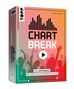 "CHART BREAK" Musikquiz von Günter Burkhardt; Menschen feiern mit erhobenen Armen vor einem farbigen Hintergrund.