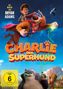 "Mit Musik von Brian Adams. Charlie der Superhund. FSK ab 6. Illustration mit fliegendem Hund und Kind im Weltraum."