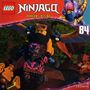 "NINJAGO DRAGONS RISING 84" in weißem Text. Zwei Lego-Figuren fliegen mit einem großen Hammer durch einen Wald.
