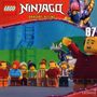 „LEGO Ninjago Dragons Rising 87“. Figuren in freudiger Pose, bunte Kleidung, Hintergrund mit Drache und Turm.
