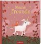 "Meine Freunde" in gelber Schrift. Illustration: Ein Einhorn trägt ein Eichhörnchen, umgeben von Zweigen und Herzen.