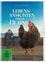 Text: "LEBENS-ANSICHTEN EINES HUHNS". Ein Huhn im Vordergrund, Mann mit Hut am Tisch im Hintergrund, Meerblick., DVD