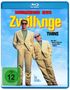 Text: "Schwarzenegger DeVito Zwillinge Twins Nur ihre Mutter kann sie auseinanderhalten. Ein Ivan Reitman Film." Zwei Männer in Anzügen vor blauem Himmel.